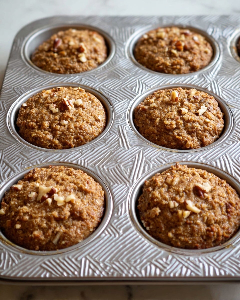 A close-up view of six freshly baked muffins in a silver baking tray with a textured cheer pattern. Each muffin has a rough, coarse surface showing pieces of nuts and a golden-brown color with some darker spots. The muffins fill each round mold, slightly risen above the tray's edge, and look moist and dense. The metal tray has a shiny finish with light reflections and rests on a white marbled surface. photo taken with an iphone --ar 4:5 --v 7