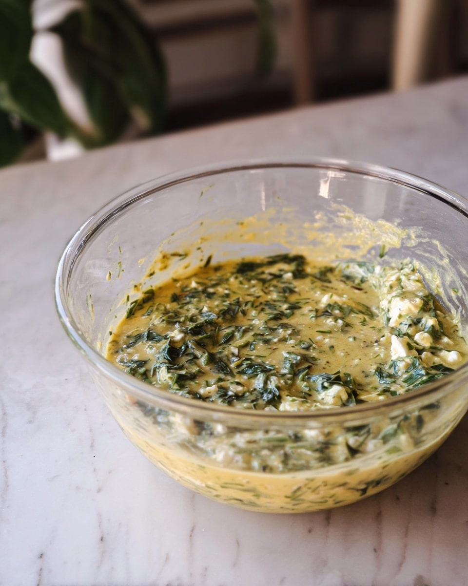 A clear glass bowl sits on a white marbled surface, filled with a mix of green leafy pieces and small curd-like white bits in a yellow, creamy base. The mixture looks wet and uneven, with bits of herbs sprinkled throughout. The bowl is round, and the mixture fills about halfway up its sides, showing through the transparent glass. There is a soft natural light falling on the bowl, and some blurred green plants and neutral-toned furniture can be seen in the background. photo taken with an iphone --ar 4:5 --v 7