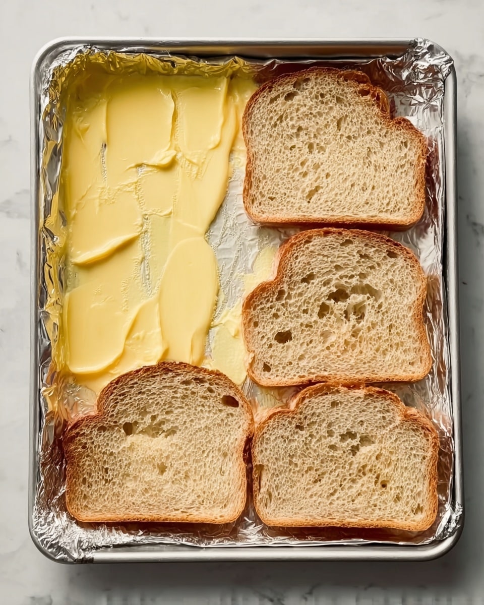 The image shows a metal baking tray lined with foil on a white marbled surface. On the tray, there is a layer of smooth yellow butter or margarine spread on one half of the foil. On the other half of the tray, six slices of thick, rustic bread are arranged: four slices in a row at the top and two slices below them. The bread has a light brown crust with a soft, porous texture and small air holes visible throughout. The overall look is of bread ready to be toasted or baked, with the butter spread next to it. Photo taken with an iphone --ar 4:5 --v 7
