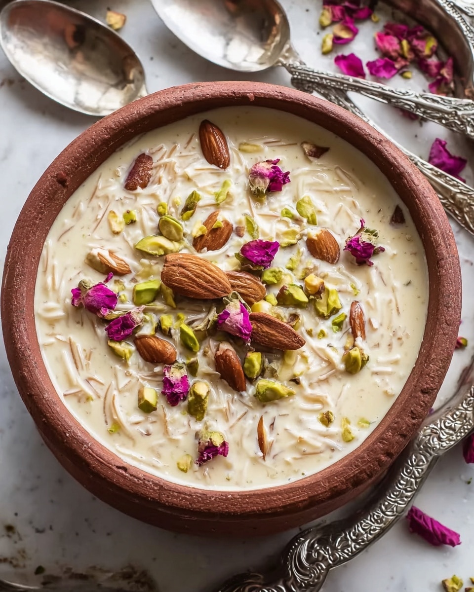 A clay bowl filled with creamy, off-white dessert mixed with thin, light brown strands. The top is decorated with chopped green pistachios, slivered brown almonds, and small dried pink rose petals. The bowl sits on a white marbled surface with a decorative silver tray and vintage silver spoons nearby, adding an elegant touch. Photo taken with an iphone --ar 4:5 --v 7