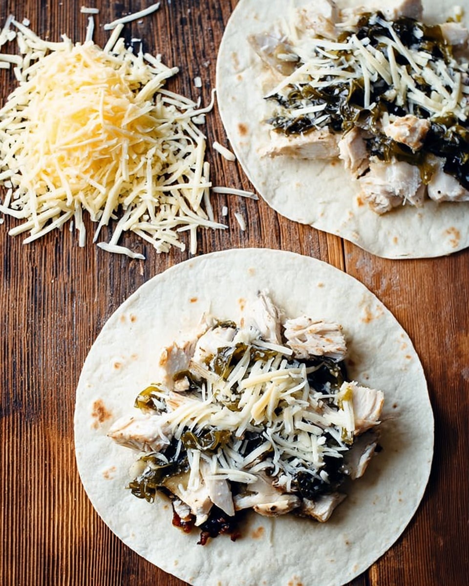 Two white tortillas lie flat on a wooden surface with a small pile of shredded pale yellow cheese above them. Each tortilla has three layers: the bottom layer is a thin pale tortilla, the middle layer is chopped cooked white meat with some browned edges, and the top layer is a mix of dark green and black cooked vegetables with scattered shredded cheese. There are some cheese shreds scattered around on the wooden surface. photo taken with an iphone --ar 4:5 --v 7