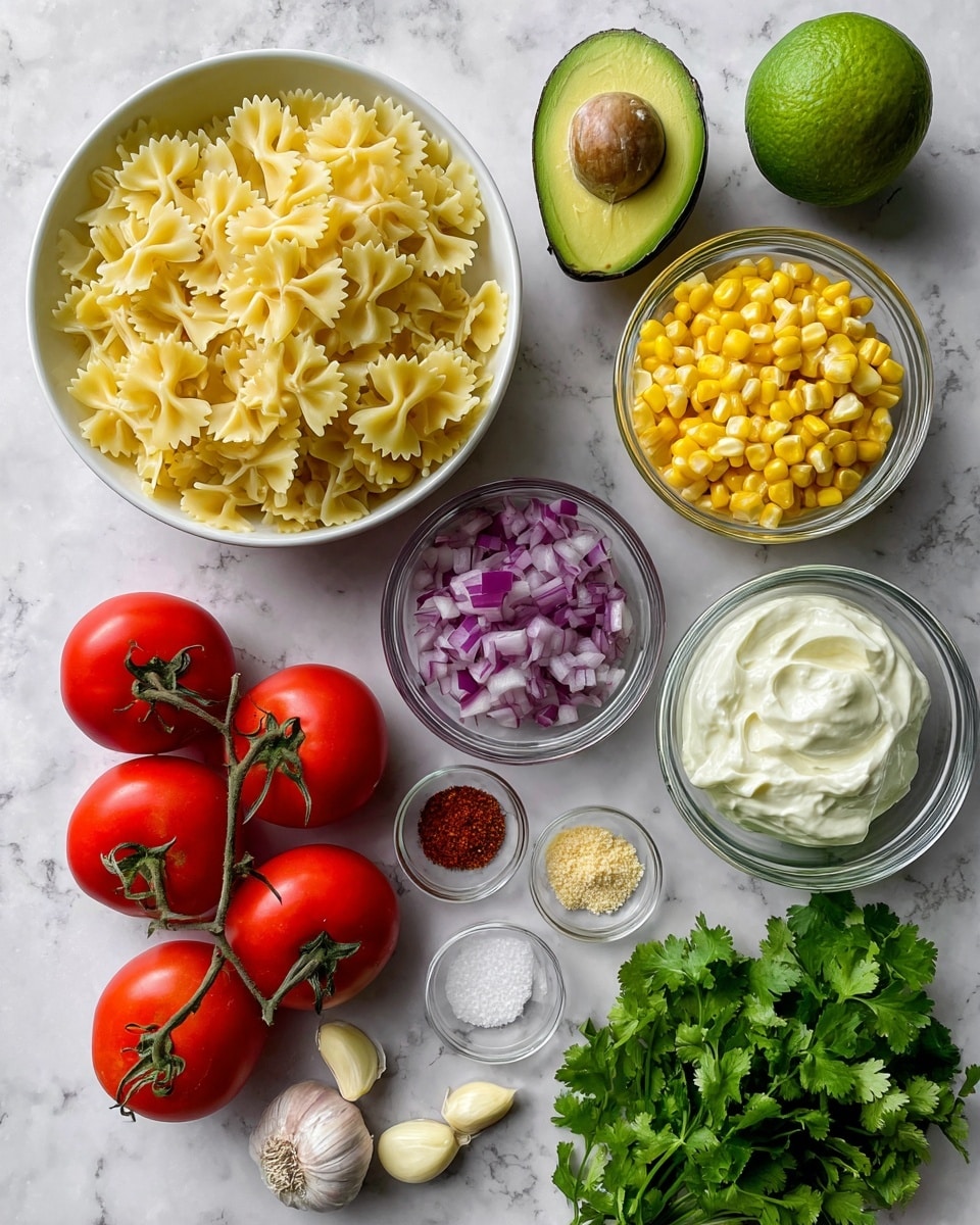 The image shows various fresh ingredients arranged neatly on a white marbled surface. In the top left, a white bowl is filled with cooked farfalle pasta, creamy yellow in color with a smooth texture and butterfly shapes. To the right, three clear glass bowls hold different items: finely chopped red onion with purple and white colors, yellow corn cut into small round pieces, and thick white Greek yogurt with a smooth texture. Around the bowls, there are bright red tomatoes on the vine, two whole green limes, and one avocado cut in half showing its green flesh and brown seed. Near the bottom center, two garlic cloves are placed next to small piles of fine white salt and reddish cayenne powder. A bunch of fresh green cilantro with leafy texture lies toward the right side. The overall look is clean and organized, with the focus on fresh, colorful ingredients for cooking. Photo taken with an iphone --ar 4:5 --v 7