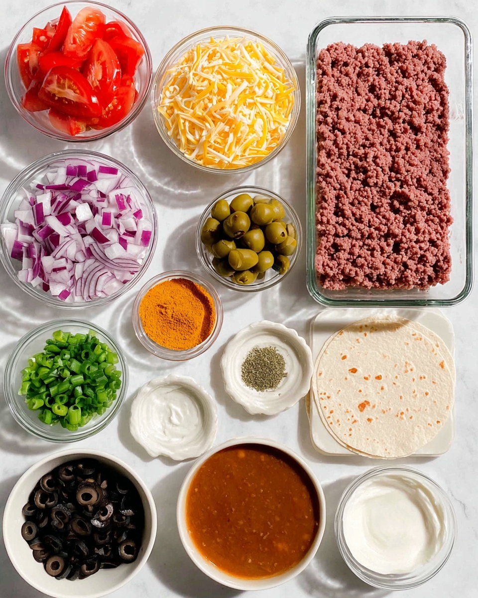 A white marbled surface holds multiple white bowls and containers arranged in a neat grid, each filled with colorful ingredients. On the right, ground beef in a clear container shows its textured, reddish-pink color. Next to it are shredded yellow and white cheese in a glass bowl and a small bowl of bright orange taco seasoning. Below, refried beans have a smooth, beige texture, and a small bowl of water sits empty with a glossy white surface. Tortillas lie flat and pale with small spots. On the left, diced tomatoes show vibrant red, purple-red chopped red onions contrast with slices of black olives, and chopped green onions bring a fresh green hue. Enchilada sauce in a clear bowl has a rich, deep orange-red color, and sour cream appears soft and creamy white. The whole setup shines under natural light with clear, sharp detail. photo taken with an iphone --ar 4:5 --v 7