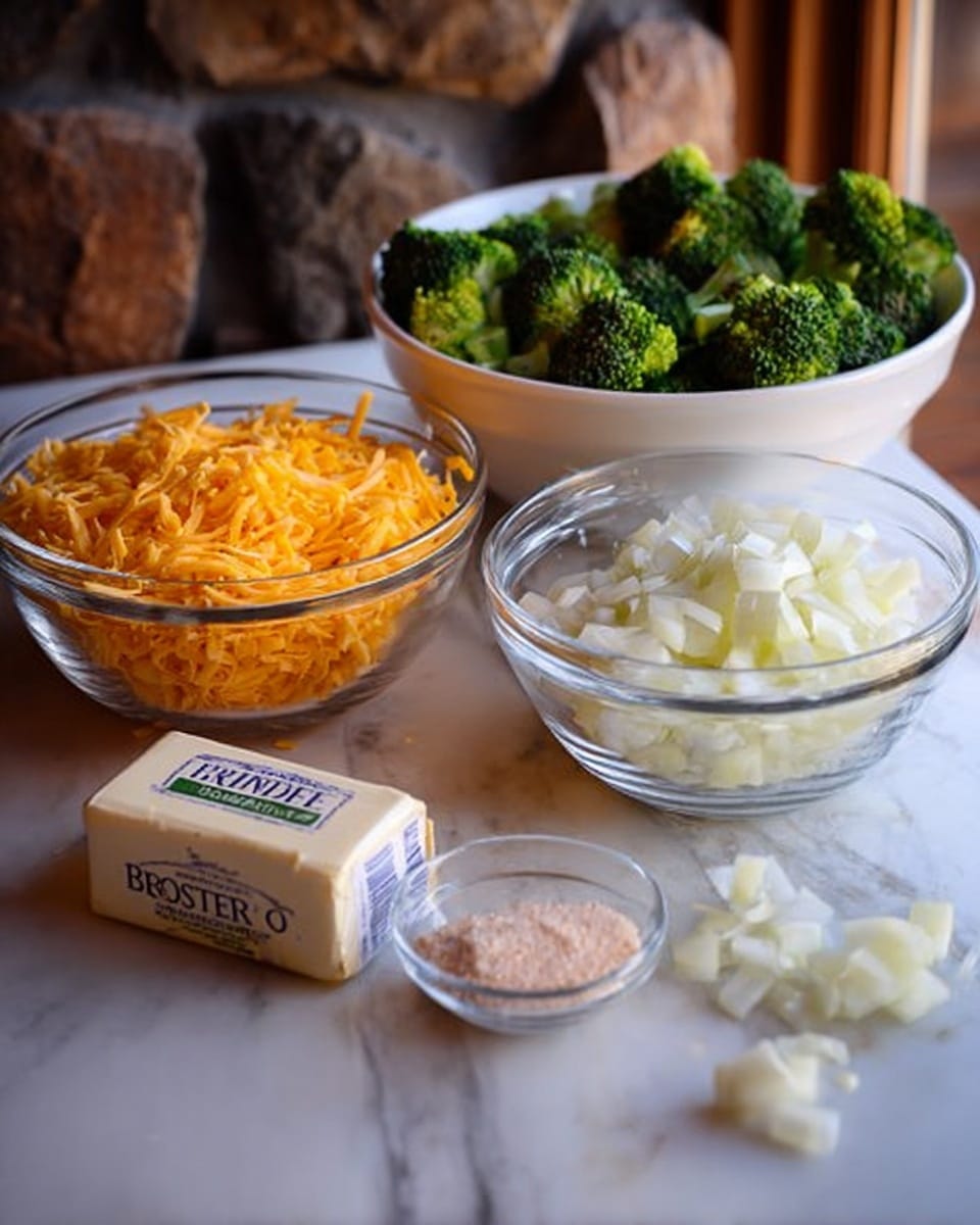 The image shows several clear glass bowls filled with ingredients on a white marbled surface. From left to right, there is a large bowl full of bright orange shredded cheese, a medium bowl with fresh green broccoli florets, and a white bowl tilted slightly, showing chopped white onions inside and some small onion pieces outside the bowl. In front of these bowls, there is a rectangular stick of butter with clear packaging and a small white bowl filled with a pinkish powdery spice. Nearby, a tiny clear glass dish holds some white granular seasoning. The background is wooden. Photo taken with an iphone --ar 4:5 --v 7