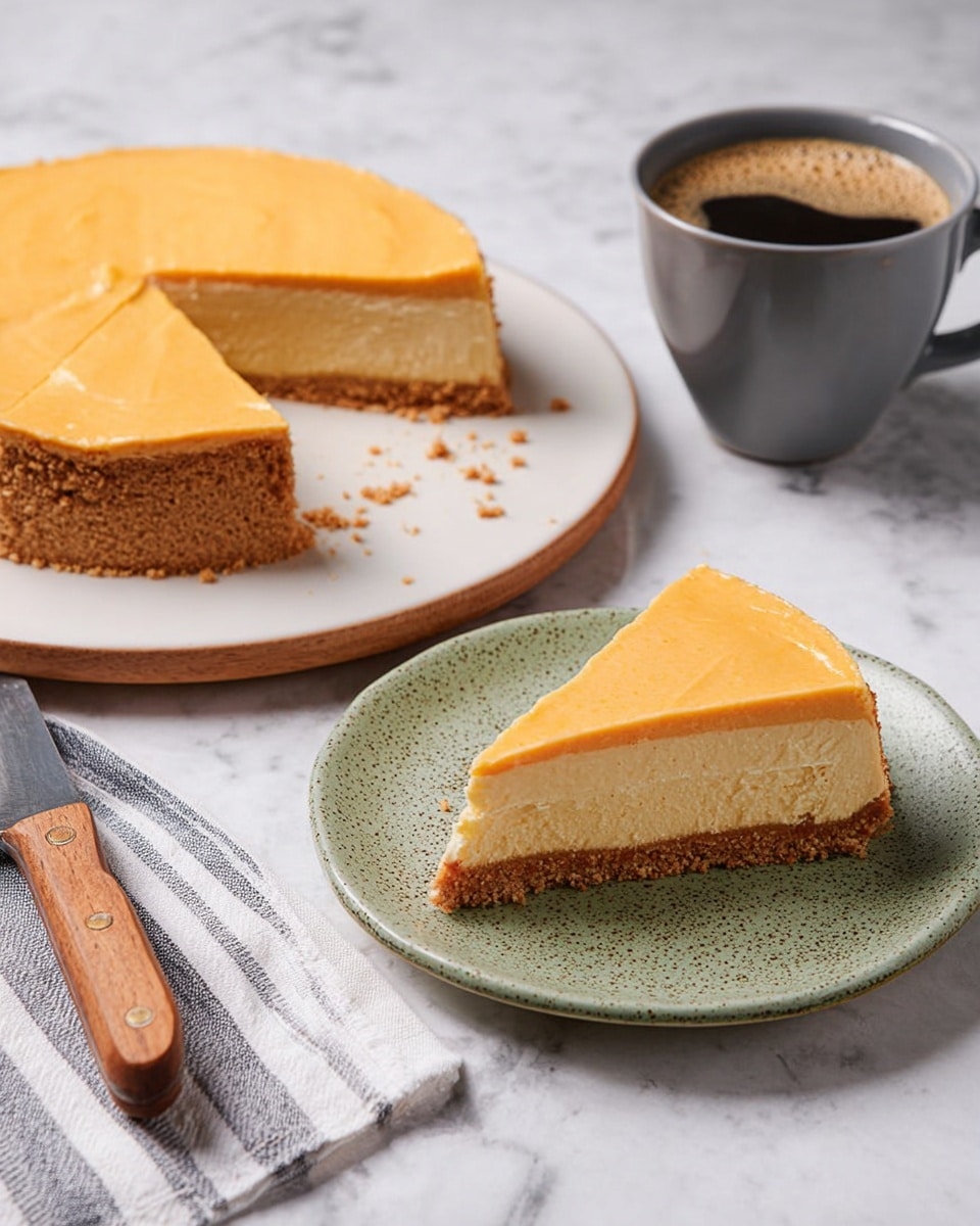 The image shows a pie with two clear layers: a thick, light brown crumbly crust at the bottom, and a smooth, creamy, pale orange top layer. One slice is cut and placed on a white plate with a speckled green texture, showing the clean layers. The remaining pie sits on a white round plate on a white marbled surface. A knife with a wooden handle lies near the pie, and there is a gray cup filled with coffee sitting on a white and gray striped cloth nearby. The scene looks calm with soft lighting. photo taken with an iphone --ar 4:5 --v 7