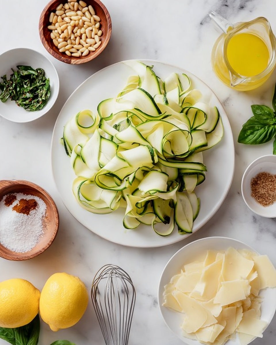 A white plate holds long, thin ribbons of pale green zucchini with darker green edges, arranged in a loose pile in the center. Surrounding the plate are small white bowls and wooden dishes: one bowl contains yellow pine nuts, a wooden dish has finely chopped green herbs, another wooden dish holds white salt with a swirl of brown spice, and a white plate carries thin, pale yellow curls of Parmesan cheese. A clear measuring cup filled with yellowish dressing sits next to the plate, with a whisk resting inside it. Nearby are two lemon halves showing bright yellow flesh, and some fresh green basil leaves are spread out on the white marbled surface. A woman's hand reaches towards the ingredients, adding a sense of preparation photo taken with an iphone --ar 4:5 --v 7