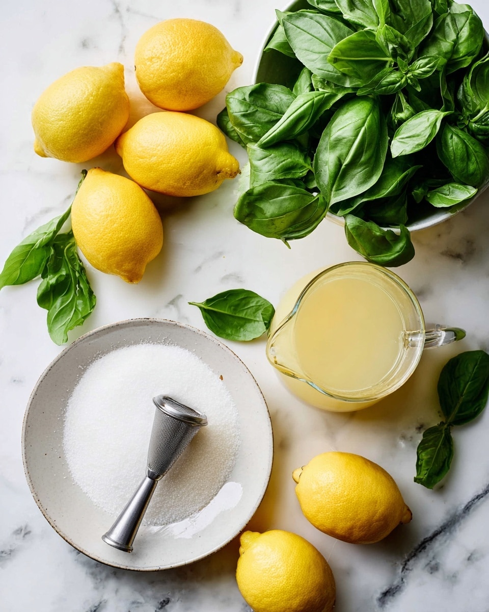 The image shows a white bowl filled with fresh green basil leaves in the top right corner. Around it are six bright yellow lemons scattered on a white marbled surface, paired with a few loose basil leaves. In the bottom left, there is a white plate with white sugar and a gray metal funnel resting on top of the sugar. Near the center right, there is a small clear glass pitcher filled with a pale yellow liquid, possibly lemon juice. The colors are bright and fresh, creating a clean and natural look. Photo taken with an iphone --ar 4:5 --v 7