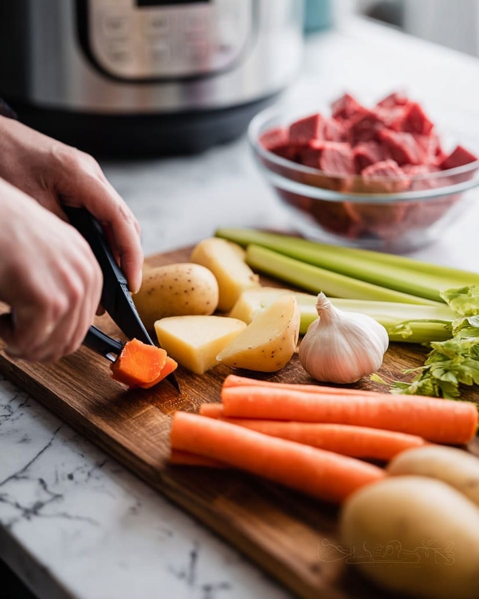 A woman's hand is peeling an orange carrot with a black peeler over a wooden cutting board. On the cutting board, there are three orange carrots, two light brown potatoes, three green celery stalks, one whole garlic bulb, and a glass bowl filled with red raw meat cubes in the background. The scene is set on a white marbled surface next to a stainless steel Instant Pot. The lighting is soft and natural, highlighting the fresh ingredients. photo taken with an iphone --ar 4:5 --v 7