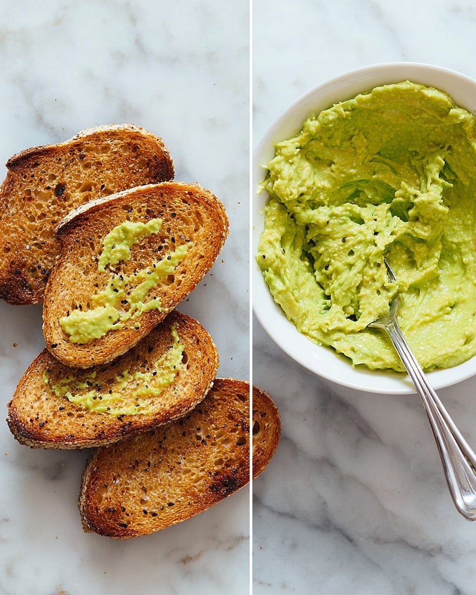 A white bowl holds mashed green avocado with a creamy and slightly chunky texture, a silver fork placed inside the bowl on the right side. Next to the bowl, there are four slices of toasted multigrain bread, arranged in a slightly overlapping pattern, showing a golden brown color with darker, crisp edges and visible seeds on the crust. Both items are placed on a white marbled surface that adds a soft, clean background to the image photo taken with an iphone --ar 4:5 --v 7