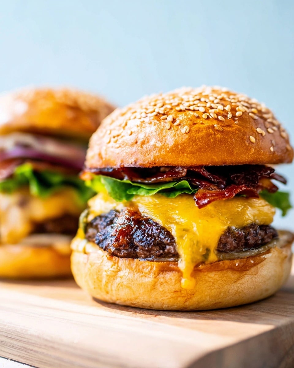 The image shows a close-up of two burgers on a wooden surface with a light blue background. The burger in focus has five layers: a sesame seed top bun that is golden brown and slightly shiny, crispy bacon and grilled onions beneath the bun, melted sharp yellow cheddar cheese dripping over a juicy dark brown beef patty, a fresh green leaf of lettuce, and a soft golden brown bottom bun. The second burger is blurred in the foreground, showing similar layers but less detail. The whole scene is bright with natural light, and the texture of each layer is clear and appetizing, photo taken with an iphone --ar 4:5 --v 7