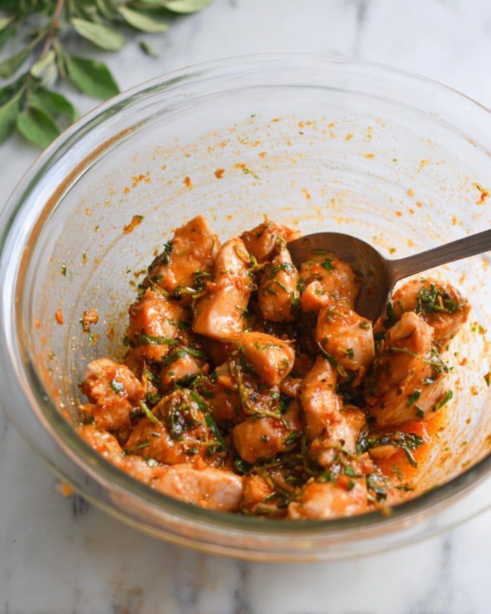 In a large clear glass bowl, pieces of raw chicken are mixed with a bright orange-red sauce that has herbs, mostly green leaves, spread evenly around the chicken pieces. The chicken chunks are small and have a slightly glossy texture from the sauce. The bowl is sitting on a white marbled surface. There is a silver spoon inside the bowl, resting among the chicken pieces, and the background shows some blurry green leaves. photo taken with an iphone --ar 4:5 --v 7