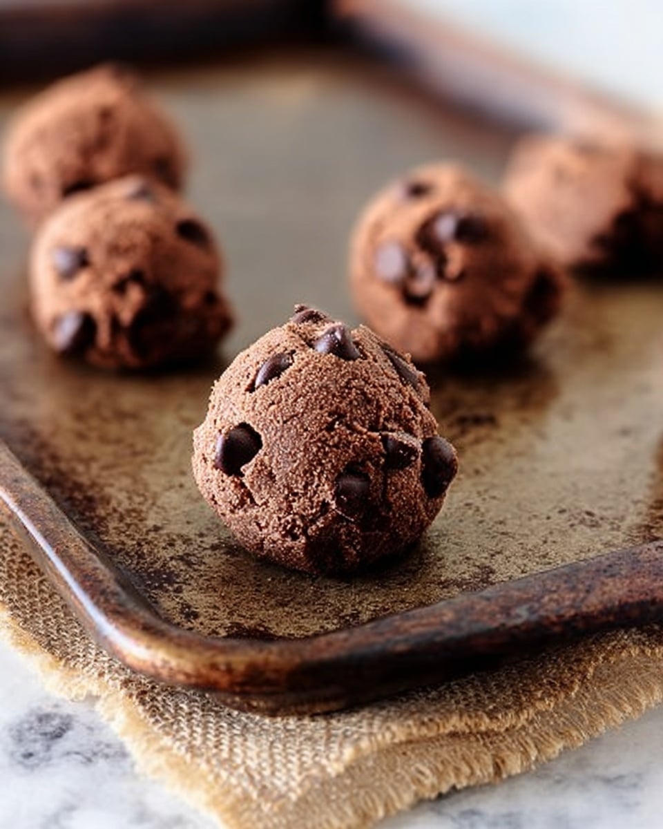 The image shows six scoops of chocolate cookie dough on a dark baking tray placed on a white marbled surface. Each scoop is roughly round with a rough texture and includes visible chocolate chips on top, especially on the front scoop which has three prominent chocolate chips. The cookie dough is dark brown with a slightly crumbly look. The baking tray occupies most of the frame, with the white marbled surface and a piece of coarse fabric visible at the bottom right corner for contrast. Photo taken with an iphone --ar 4:5 --v 7