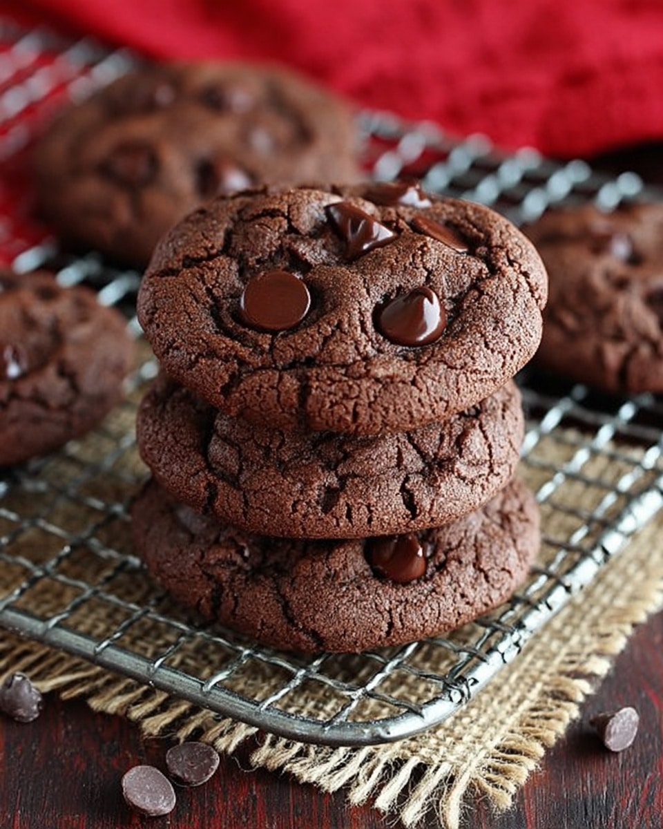 The image shows a close-up view of several chocolate cookies with dark chocolate chips on top, arranged on a cooling rack. Each cookie has a round shape with a slightly cracked surface revealing a soft texture, and the chocolate chips are scattered on their tops, adding dark spots. The cooling rack rests on a piece of burlap fabric and a bright red cloth, all placed on a dark wooden table with a white marbled texture background visible. photo taken with an iphone --ar 4:5 --v 7
