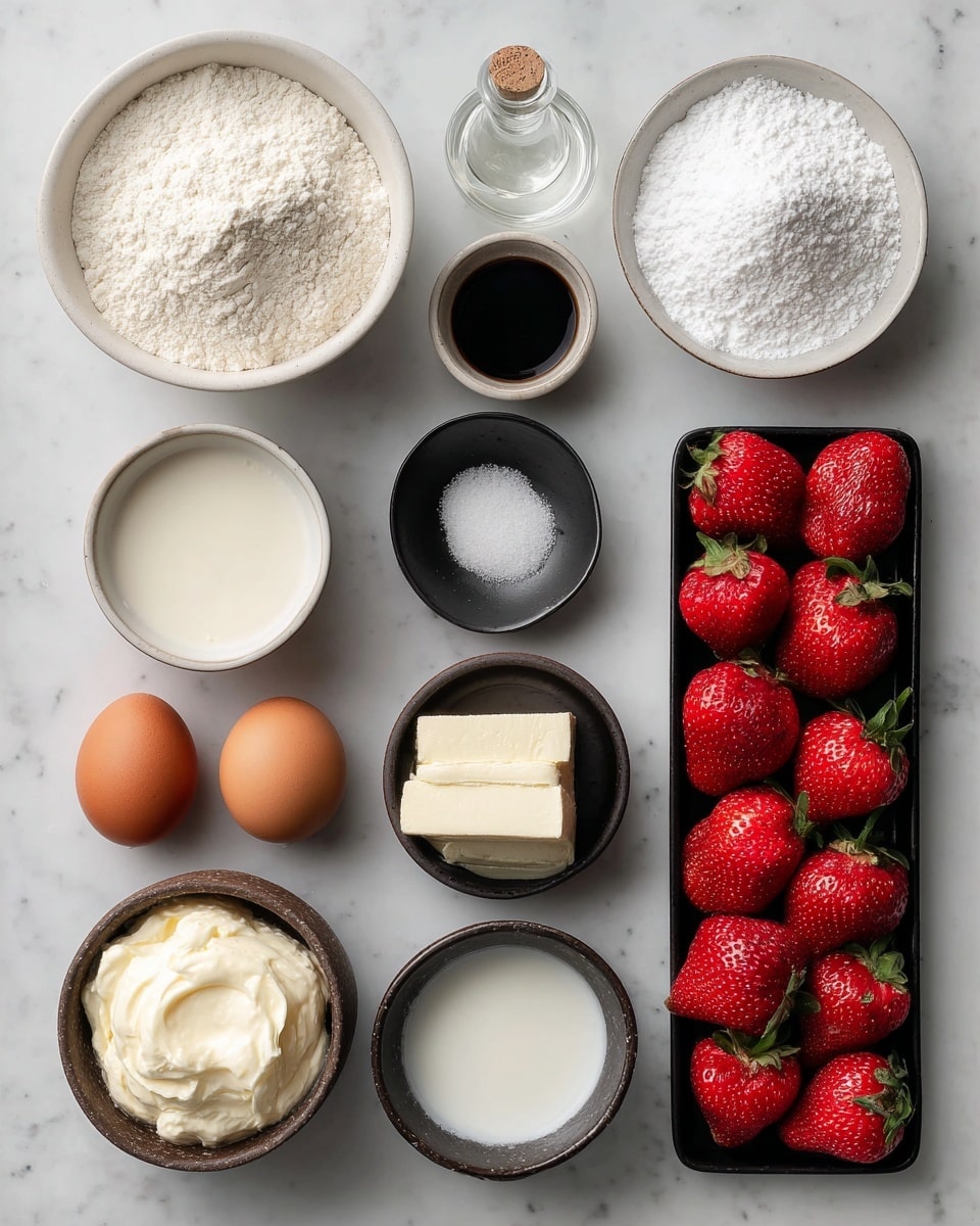 The image shows two groups of baking ingredients arranged neatly on a white marbled surface. On the left side, there is one white bowl filled with flour at the top, a small clear vial of vanilla next to it, a small black bowl with baking powder below, a small white container of salt next to it, a black bowl holding milk on the left middle, two brown eggs placed near the bottom left, and a black bowl of sugar at the bottom center. On the right side, a small brown bowl filled with cream cheese is at the top left, a white bowl filled with cream next to it on the right, a small clear vial of vanilla below the cream cheese, a rectangular black container filled with fresh red strawberries below the vanilla, and a small black bowl of powdered sugar to the right of the strawberries. The photo is taken with an iphone --ar 4:5 --v 7
