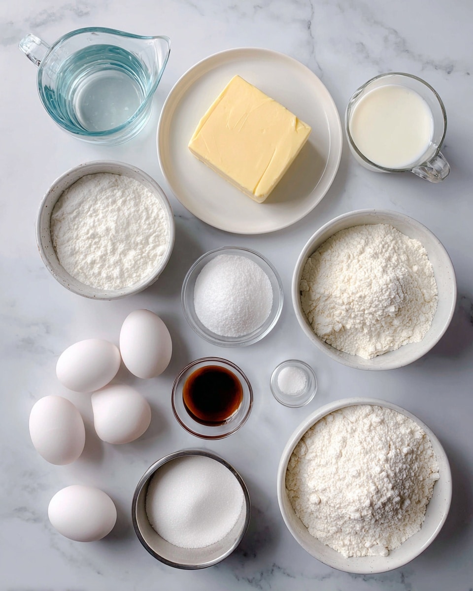 The image shows various baking ingredients laid out on a white marbled surface. There is a small clear glass measuring cup with water in the top left, a white plate in the center holding a square piece of pale yellow unsalted butter, and a glass with white milk in the top right. Near the butter, there is a small clear bowl with dark brown vanilla extract. Below the water, there is a small metal bowl filled with white powdered sugar. Toward the bottom right, a white bowl is filled with white all-purpose flour, next to it a small metal bowl with white cornstarch, and a white bowl containing granulated white sugar. There are eleven white eggs arranged loosely on the bottom left. All the ingredients are spread out neatly on the surface. Photo taken with an iphone --ar 4:5 --v 7