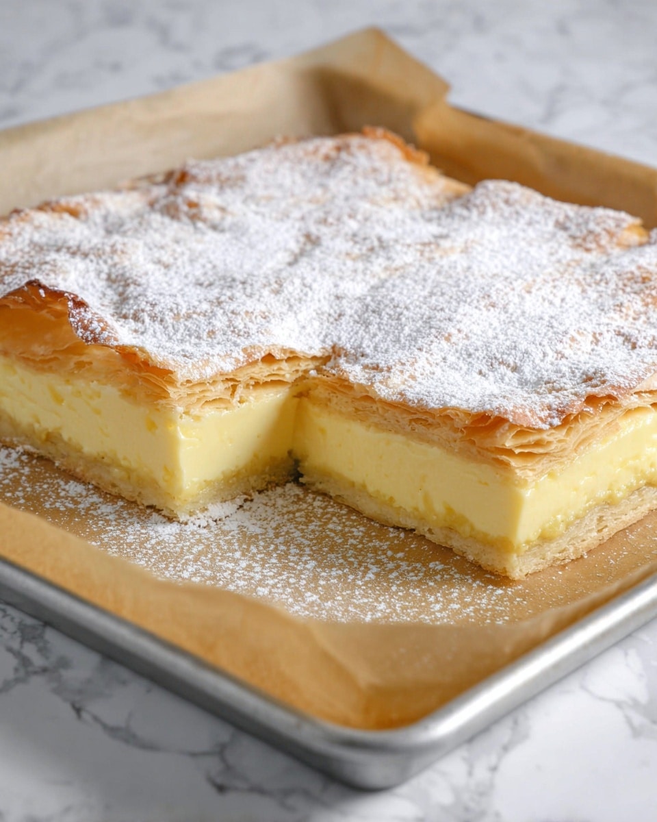 This is a square piece of creamy custard slice on a baking tray lined with parchment paper. It has three visible layers: the bottom layer is a thin, light golden crust; the middle layer is a thick, smooth, pale yellow custard filling; and the top layer is a flaky, golden-brown pastry dusted with white powdered sugar. One piece is cut out, showing the clean separation between layers clearly. The background is a white marbled texture. Photo taken with an iphone --ar 4:5 --v 7