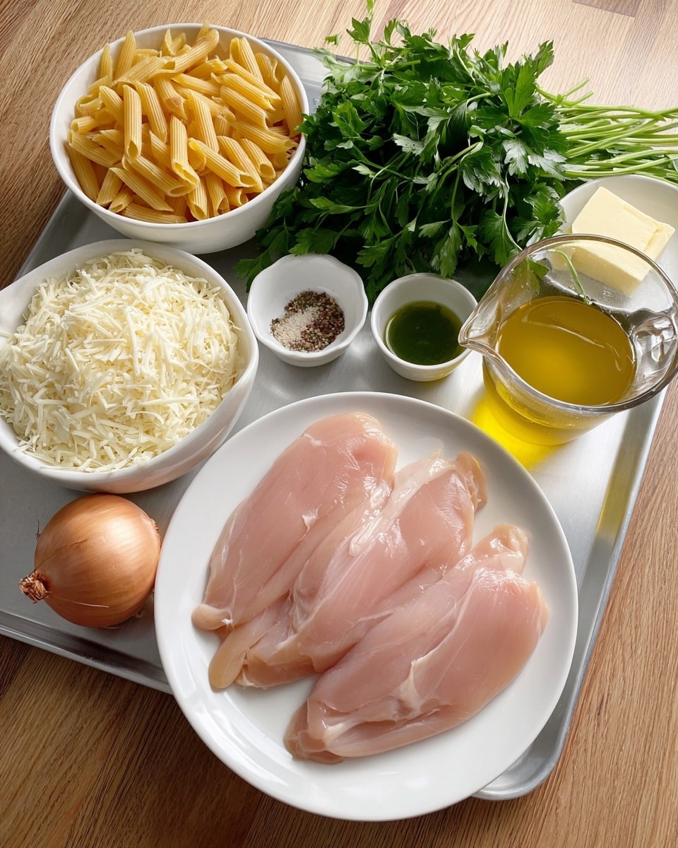A white round plate holds three raw, smooth, pale pink turkey fillets neatly placed side by side. Above the plate, a white round bowl is filled with uncooked yellowish-beige penne pasta, showing their hollow tube shapes clearly. Next to the pasta bowl is another white bowl brimming with finely shredded white cheese. Near these bowls, a fresh bunch of bright green parsley leaves creates a full, leafy backdrop. On the right side, a small white bowl contains a square piece of pale yellow butter, and another small white bowl has a light green olive oil. A clear glass measuring cup filled with golden yellow chicken broth is angled in the front. Further back, a clear measuring cup holds white milk. In the front corner, a whole light brown onion and a few cloves of garlic rest on a white marbled surface. A small white ramekin contains a mix of salt, black pepper, dried herbs, and red seasoning. The whole setup is on a silver metal tray on a wooden floor. Photo taken with an iphone --ar 4:5 --v 7