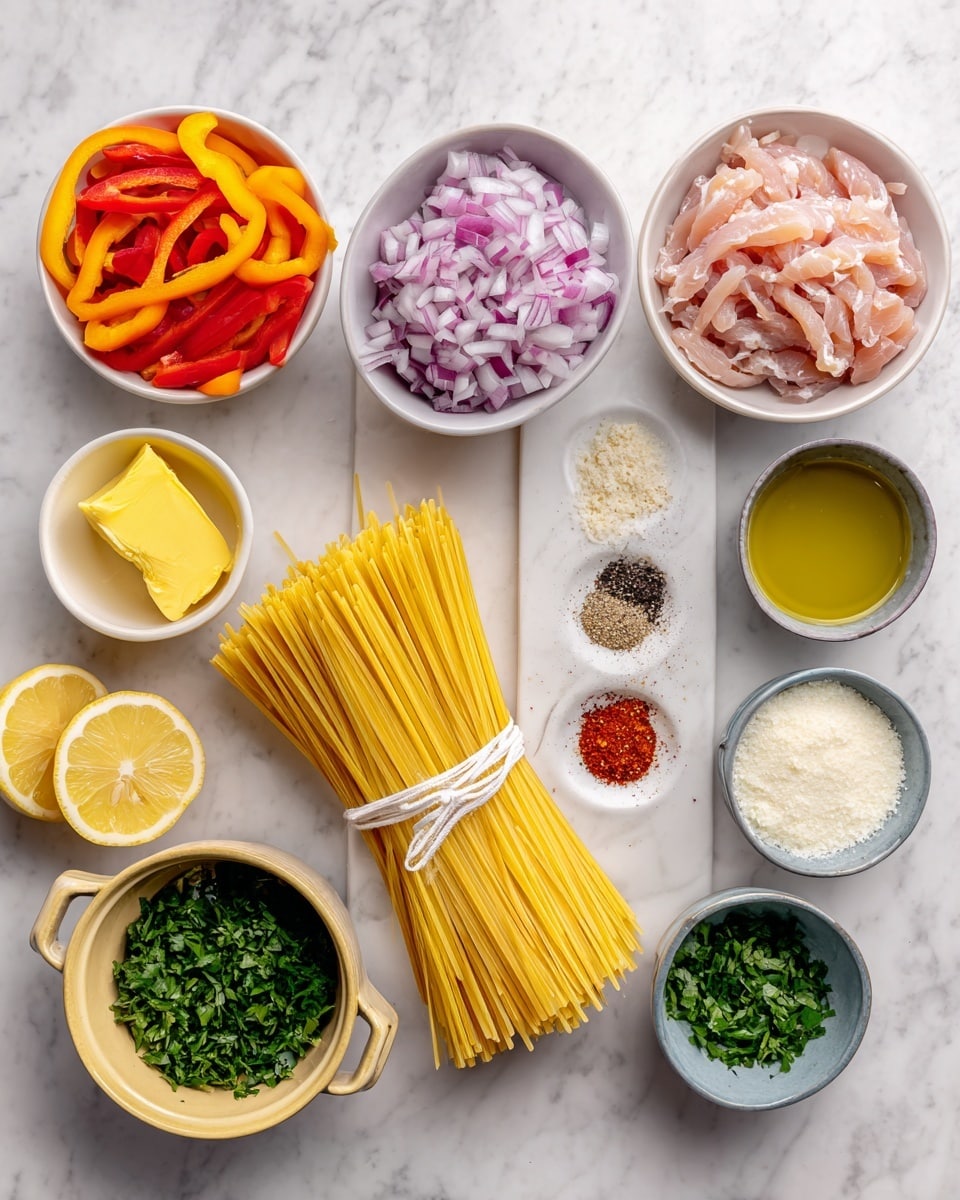 The image shows all the ingredients for a pasta dish arranged neatly on a white marbled surface. In the center, there is a large bundle of light yellow linguine pasta tied with a white string. To the left, a white bowl holds bright orange and red sliced peppers, next to a white bowl filled with finely chopped pale purple shallots. Above the pasta is a white bowl containing light pink raw chicken strips. To the right of the chicken, there is a small white bowl with three piles of powdered spices: garlic powder, black salt and pepper, and red paprika. Below it, a light yellow bowl with rounded handles holds a chunk of yellow cowboy butter. A small white bowl contains bright green olive oil, next to two lemon wedges. Below that, a small white bowl filled with chopped deep green parsley. Finally, near the pasta, there is a white bowl with cream and a grayish bowl filled with grated white parmesan cheese. Photo taken with an iphone --ar 4:5 --v 7