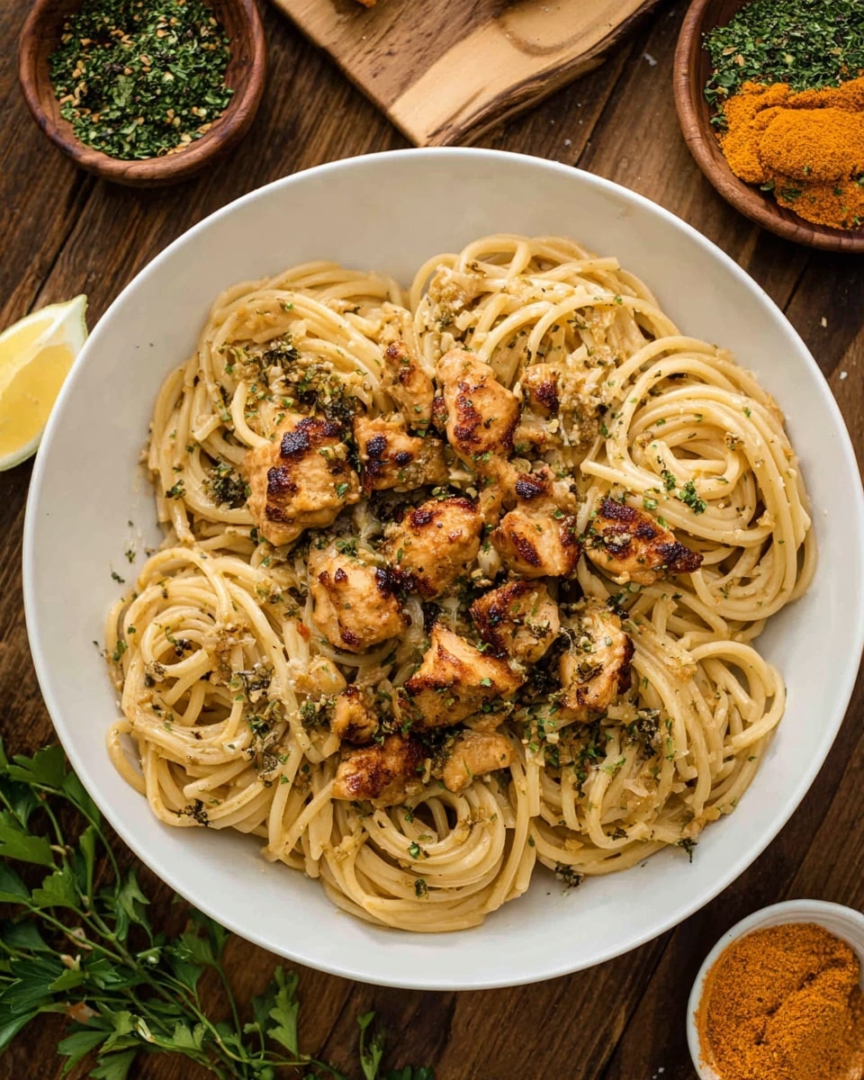 The image shows a white plate filled with thick spaghetti noodles light beige in color, swirled in the center and around the plate. On top are medium-sized browned chicken pieces with a golden crust scattered evenly over the pasta. Small green herb flakes are sprinkled across the noodles and chicken. There are small bowls with green herb garnish and orange paste around the plate, all sitting on a wooden surface with some loose herb leaves visible. The photo taken with an iphone --ar 4:5 --v 7