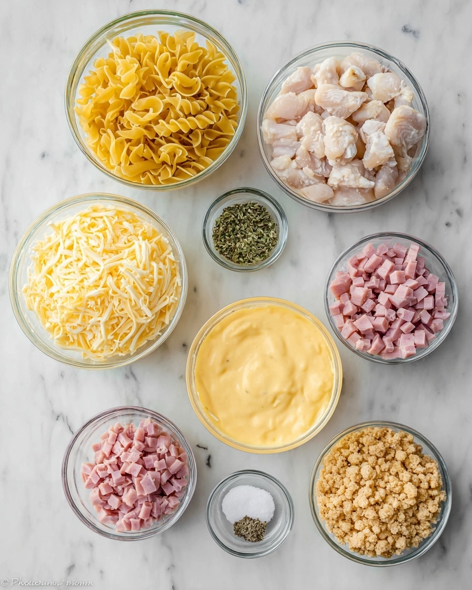 The image shows eight clear glass bowls with different ingredients set on a white marbled surface. Starting from the top left, the first bowl contains dry yellow curly pasta shapes, next to it on the right is a bowl filled with small white cooked chicken pieces. Above and slightly to the right is a small bowl of green dried herbs. Below the chicken bowl is a large bowl of smooth, yellow creamy sauce. To the left of that is a bowl filled with shredded pale cheese. Above and slightly to the left of the shredded cheese bowl is a bowl of crushed light brown crackers or breadcrumbs. Below and to the right of the shredded cheese bowl is a bowl with small pink diced ham. In front of the ham bowl is a tiny bowl with coarse black pepper, and lastly, in front of the shredded cheese bowl is a tiny bowl of white salt. The light comes from above, and the overall look is clean and neat. photo taken with an iphone --ar 4:5 --v 7