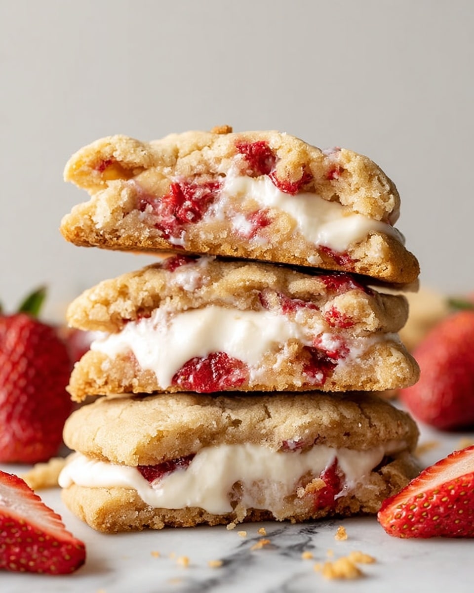 A stack of four thick cookies is shown, each cookie broken in half to reveal a soft white cream filling inside. The cookie dough is light golden brown with small pieces of red strawberries scattered throughout each layer. The cookies have a crumbly, slightly rough texture on the outside. There are fresh strawberry pieces around the stack on a white marbled surface. The layers alternate between the cookie dough with strawberry bits and a smooth, creamy white center, making the stack look rich and inviting. Photo taken with an iphone --ar 4:5 --v 7