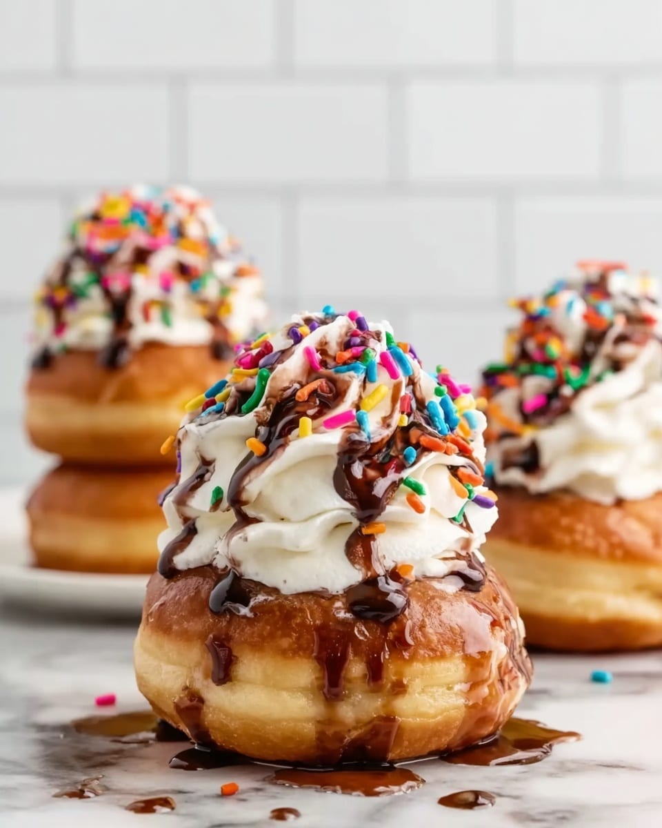 The image shows three stacks of two small golden-brown donuts each on a white marbled surface. Each stack is topped with a swirl of white whipped cream that has colorful rainbow sprinkles on top. Chocolate sauce is lightly drizzled over the donuts, running down their sides and pooling a little at the base. The background is a white tiled wall. The focus is on the stack in the front with the other two slightly blurred behind it. The lighting highlights the shiny texture of the chocolate sauce and the soft cream. Photo taken with an iphone --ar 4:5 --v 7