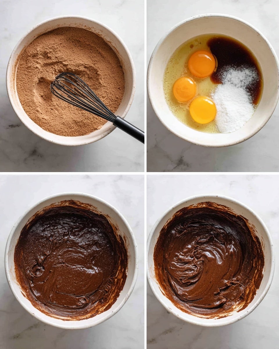 The image shows four steps of making chocolate batter in a white bowl placed on a white marbled surface. In the first step, the bowl contains a dry light brown powder with a black whisk resting inside. The second step adds wet ingredients on top of the powder, including two orange egg yolks, creamy white liquid, a dark brown syrup, and some white powder, all unevenly spread. In the third step, the ingredients are mixed into a thick, dark brown batter with a glossy texture, showing some swirls and peaks. The final step shows the batter smoothed out evenly inside the bowl with some batter spread on the edges, forming a thick, shiny dark brown layer. Photo taken with an iphone --ar 4:5 --v 7