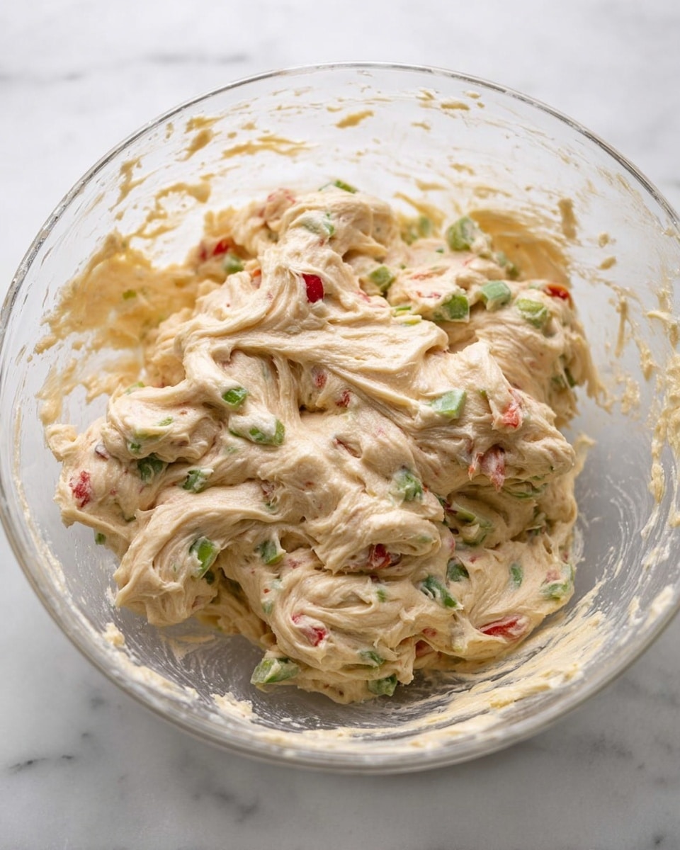 A clear glass bowl filled with thick, creamy dough mixed with pieces of green and red vegetables scattered throughout. The dough has a smooth, slightly sticky texture with swirls and folds showing the mix of ingredients. The colors are pale beige for the dough with bright pops of green and red from the vegetable pieces. The bowl sits on a white marbled surface. photo taken with an iphone --ar 4:5 --v 7