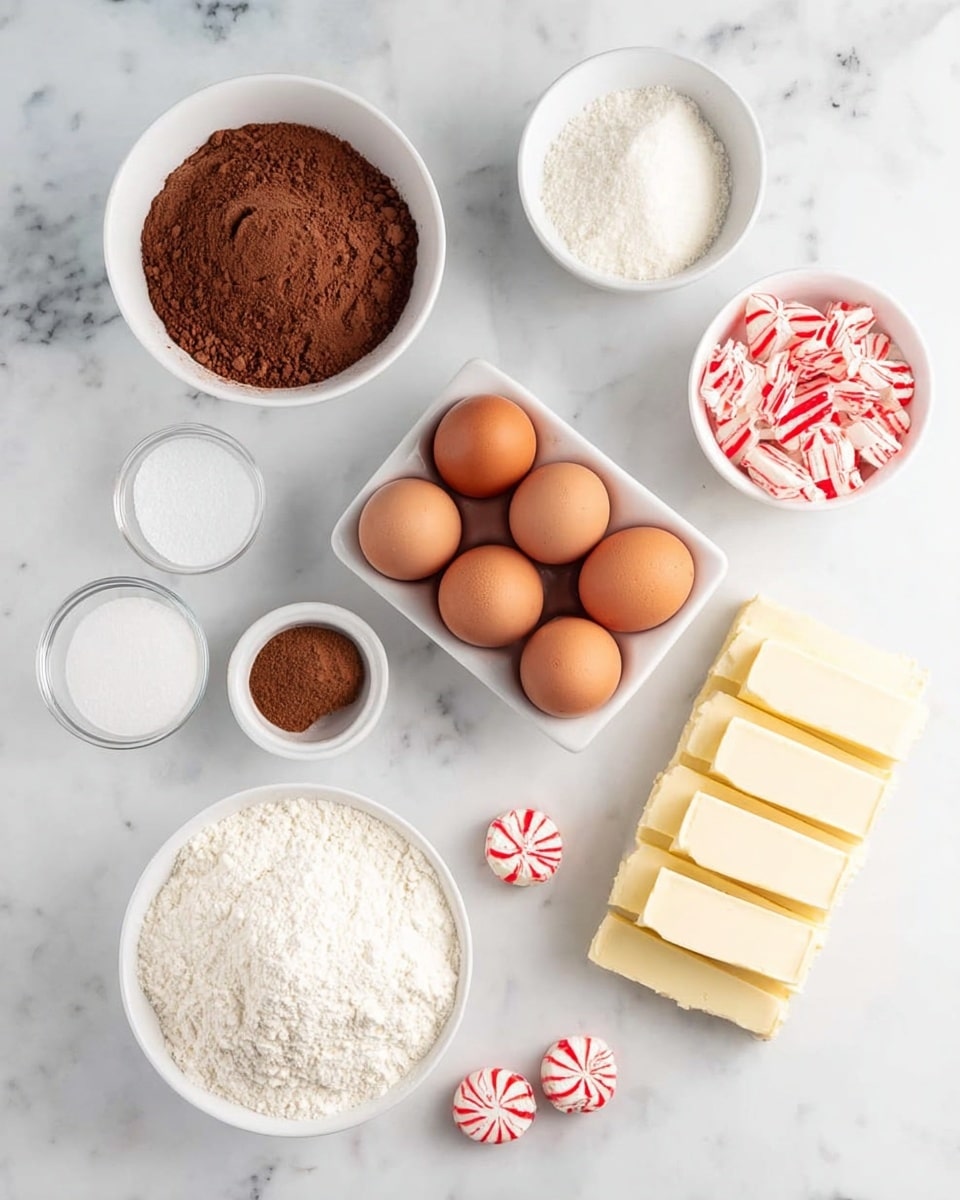 The image shows an arrangement of baking ingredients on a white marbled surface. There is a white square container holding six brown eggs positioned in the center right. To its left, there are three white bowls: one filled with brown sugar, one with white granulated sugar, and one with white flour. Around these, there are smaller containers holding cocoa powder, baking soda, and some liquid ingredients. In the upper right corner, there is a white bowl with red and white striped peppermint candies. Near the bottom right, there are several sticks of pale yellow butter stacked neatly in a pile. Two loose peppermint candies are placed near the bowl of sugar. photo taken with an iphone --ar 4:5 --v 7