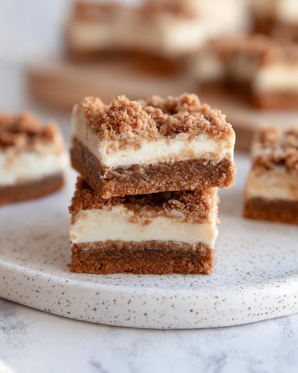 The image shows two stacked dessert squares with three clear layers: a dense, crumbly brown base, a smooth white middle layer, and a rough crumbly brown top layer, all arranged on a white speckled plate placed on a white marbled surface. More similar squares are visible blurred in the background, creating a cozy and inviting look. photo taken with an iphone --ar 4:5 --v 7