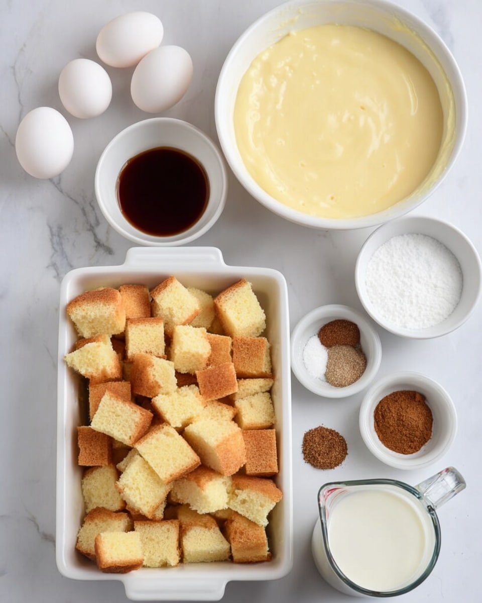 The image shows a white rectangular dish filled with small, light yellow cake cubes with golden-brown edges. Around the dish, there are three white eggs and a small white bowl with dark brown liquid, likely vanilla. Next to them, a large white bowl holds a creamy, pale yellow batter. To the right, a small white bowl contains white granulated sugar, and another small white bowl holds brown cinnamon powder, white salt, and a dark brown spice. At the bottom right, a clear glass measuring cup is filled with white milk. All items rest on a white marbled surface. Photo taken with an iphone --ar 4:5 --v 7