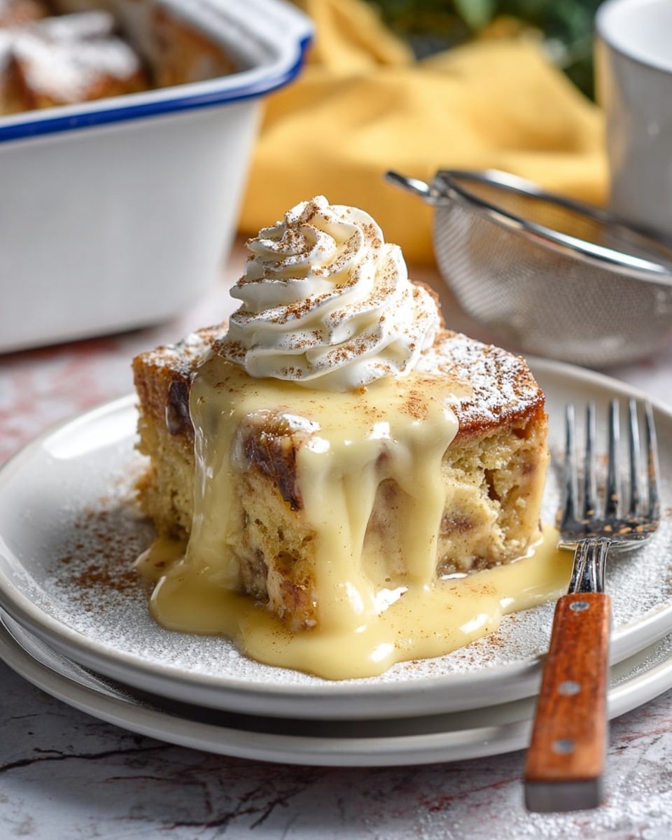 A thick square piece of light brown bread pudding with visible soft, moist texture on the inside sits on a white plate that rests on another white plate. The pudding is topped with a smooth, creamy pale yellow sauce that drips down the sides and a swirl of white whipped cream sprinkled lightly with brown spice. Powdered sugar is dusted on top of the pudding. In the background, there is a white baking dish with blue trim, partially blurred, and a metal sieve along with a yellow cloth behind. A fork with a wooden handle is placed to the right on the plate. The surface beneath everything is a white marbled texture. Photo taken with an iphone --ar 4:5 --v 7