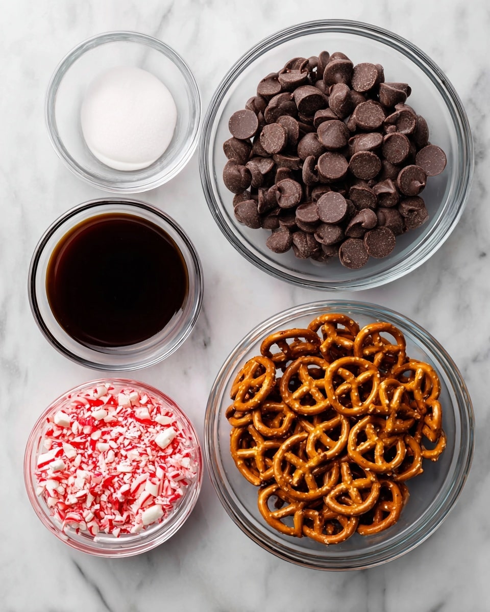 The image shows four clear glass bowls on a white marbled surface. The top right bowl is filled with dark brown chocolate chips, smooth and round, piled up. Below on the right is a bowl filled with golden brown pretzels, small and twisted with a shiny surface. On the bottom left is a bowl containing small red and white crushed candy cane pieces, rough in texture. The top left bowl is empty and white inside, labeled as peppermint extract, with no visible contents. The bowls are arranged in a loose square pattern. Photo taken with an iphone --ar 4:5 --v 7