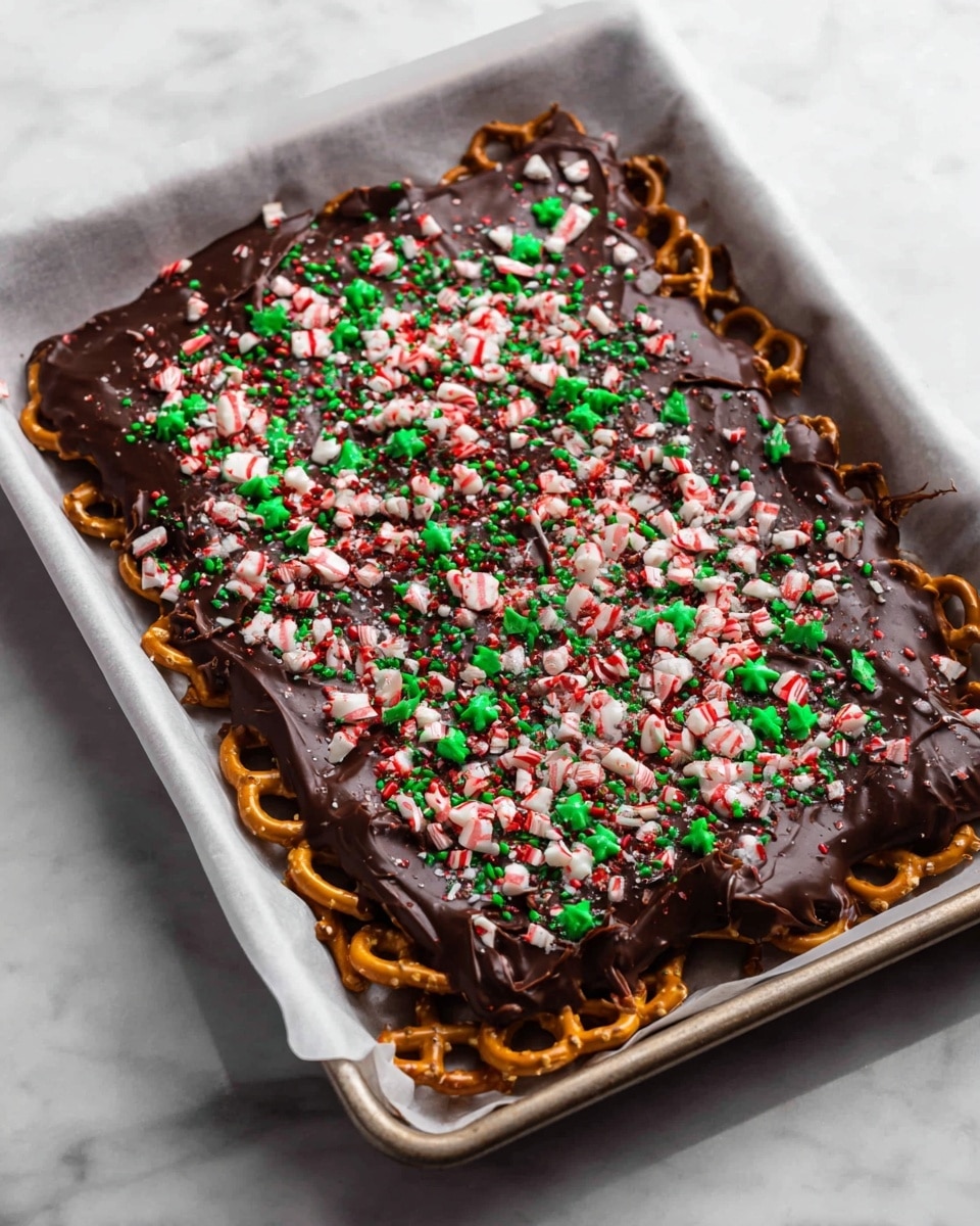 A rectangular baking tray lined with white parchment paper holds a single layer of golden-brown pretzels, mostly visible around the edges. On top of the pretzels, a thick layer of dark melted chocolate covers most of the surface with some texture from the coating process. The chocolate layer is sprinkled with broken pieces of white and red peppermint candy and small green tree-shaped sprinkles evenly spread across the top. The tray sits on a white marbled surface. Photo taken with an iphone --ar 4:5 --v 7
