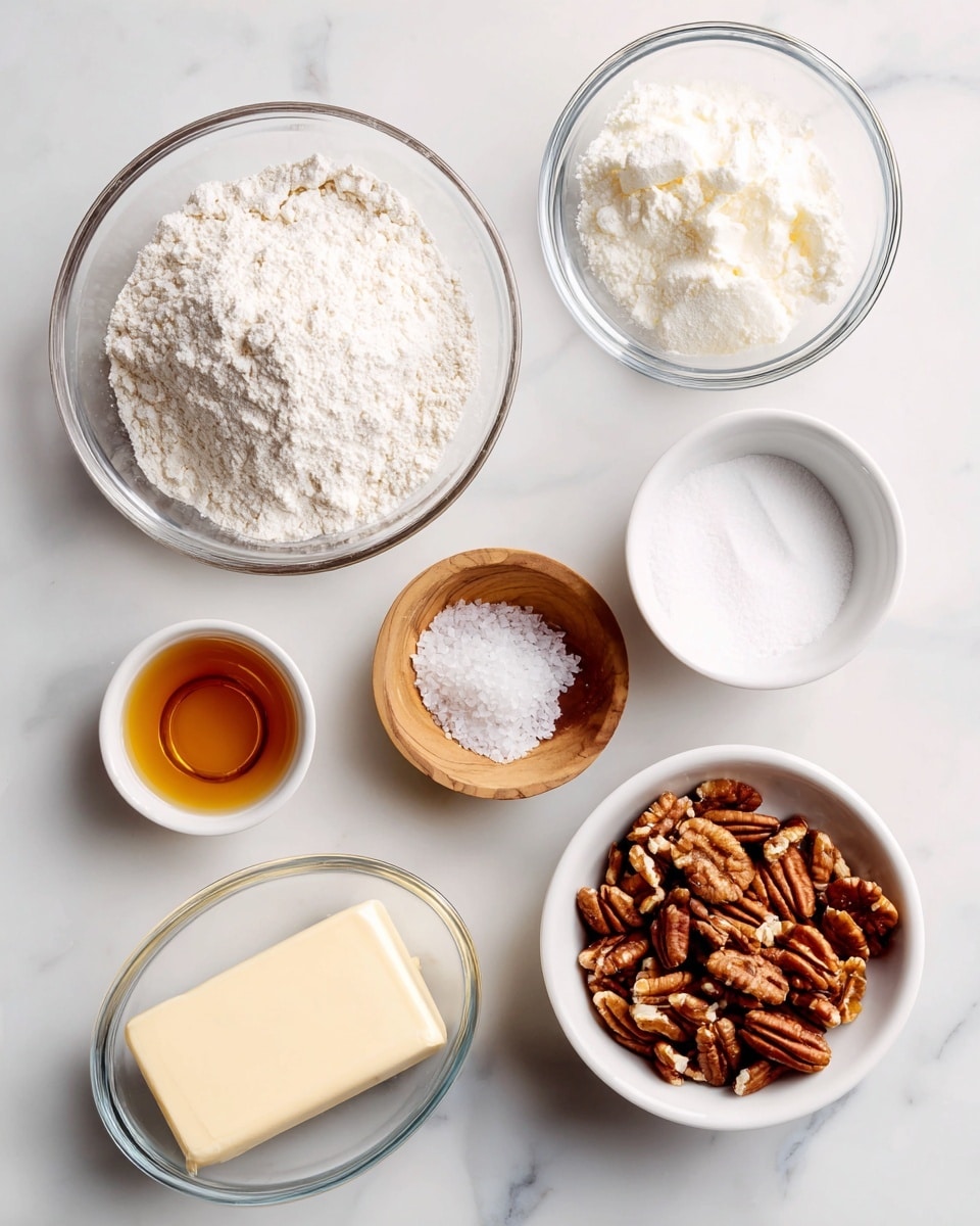 A clean white marbled surface holds six small white bowls and a stick of butter arranged neatly. The largest layer is a clear glass bowl filled with white flour, placed near the center. Below and slightly to the right is another clear bowl with white powdered sugar, featuring a soft, powdery texture. To the upper right side, a white bowl contains rich brown nuts with a rough texture. To the left, a stick of light cream butter is placed flat, showing a smooth, solid surface. Near the butter, a small wooden bowl holds white salt granules, and below it, a small clear glass bowl contains amber-colored vanilla liquid. The items are spaced evenly and the background is a smooth white marble, photo taken with an iphone --ar 4:5 --v 7