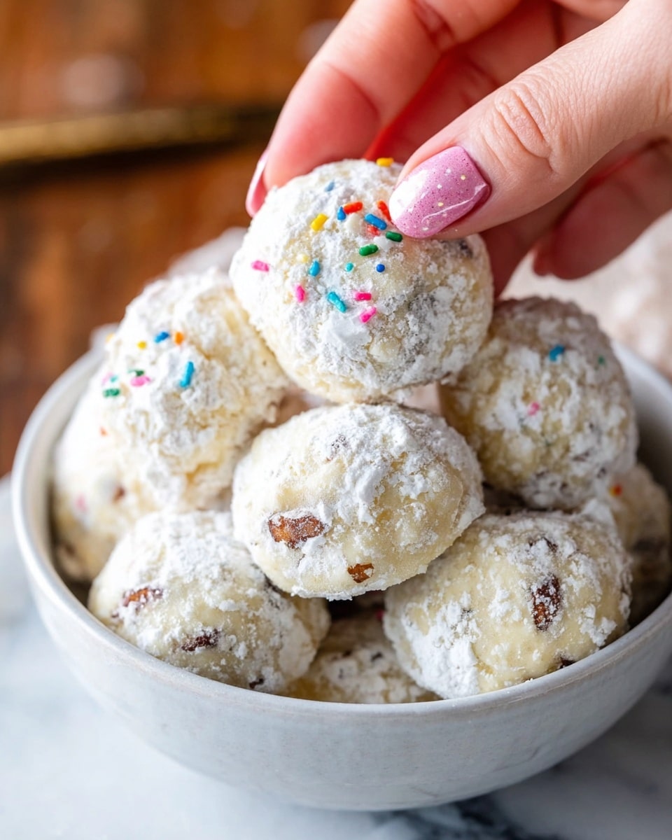 A close-up shows a woman's hand with nails painted light pink with colorful sprinkles gently holding a snowball cookie from a white bowl. The bowl is full of round snowball cookies, each lightly cracked and covered with a white powdered sugar dusting. The cookies have a soft, crumbly texture and visible small brown nut pieces inside. The bowl sits on a white marbled surface, with the warm wooden tones blurred in the background. Photo taken with an iphone --ar 4:5 --v 7