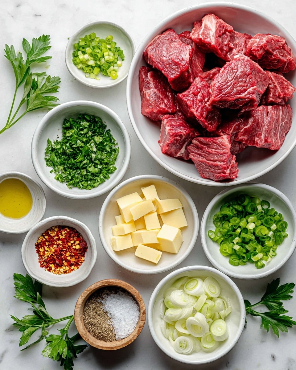 The image shows a white bowl filled with large chunks of raw red beef placed on the right side, surrounded by eight smaller white bowls arranged in a loose circle on a white marbled surface. These bowls hold bright green chopped herbs, sliced green onions, pale yellow butter cubes, finely chopped garlic, red chili flakes, light yellow oil, coarse salt in a small wooden bowl, and ground black pepper. Scattered fresh flat-leaf parsley leaves add a touch of green around the bowls, creating a fresh and colorful visual. Photo taken with an iphone --ar 4:5 --v 7