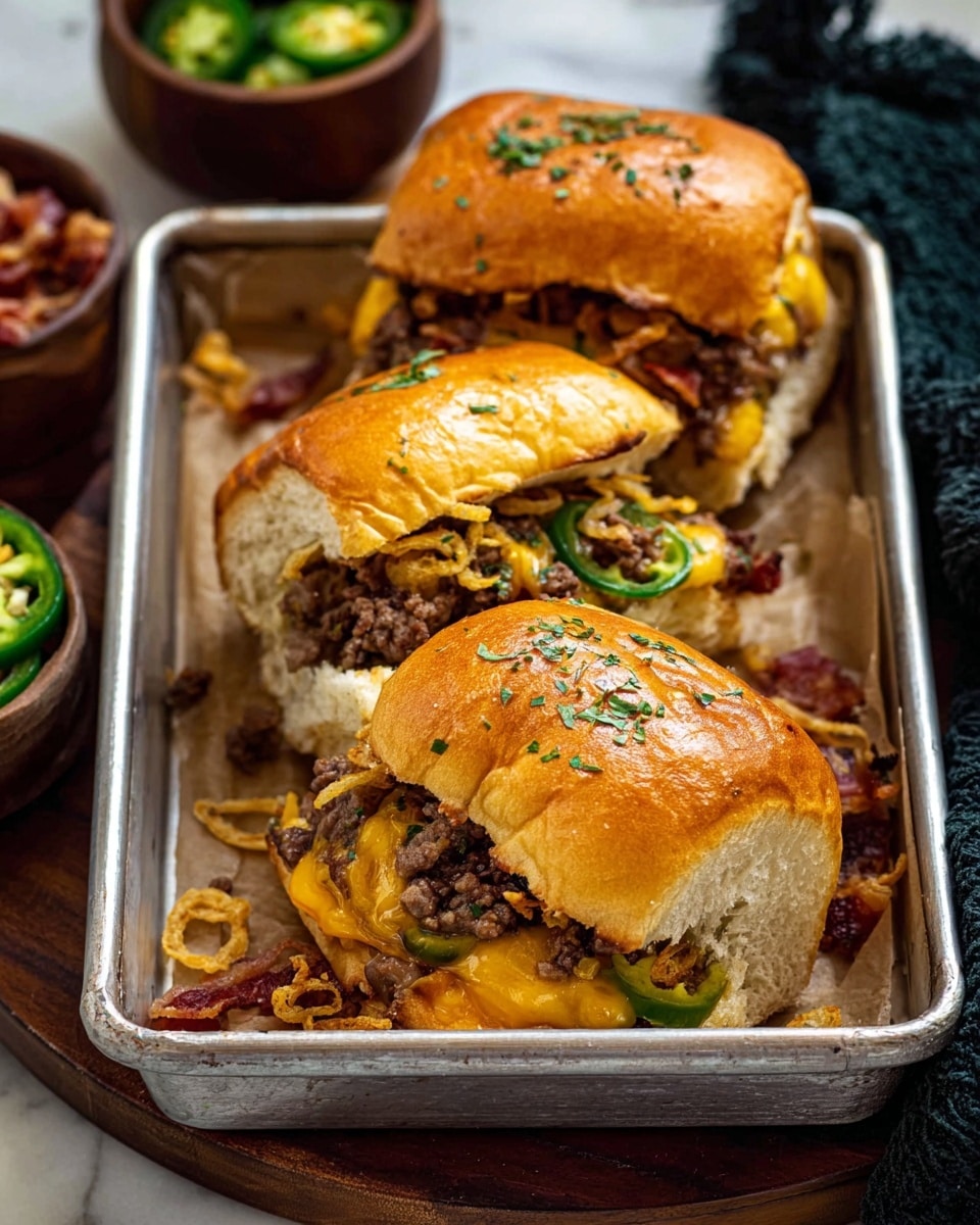 Three small sliders are placed inside a white rectangular metal tray lined with parchment paper, set on a white marbled texture. Each slider has a shiny golden-brown top bun sprinkled with chopped herbs. The sliders are filled with a layer of cooked ground beef, topped with melted cheddar cheese, crispy bacon bits, and slices of green jalapeño peppers. Some crispy fried onion pieces are scattered both inside and around the sliders. The food is presented on a dark cloth, with parts of wooden bowls holding sliced jalapeños and bacon visible at the edges. Photo taken with an iphone --ar 4:5 --v 7