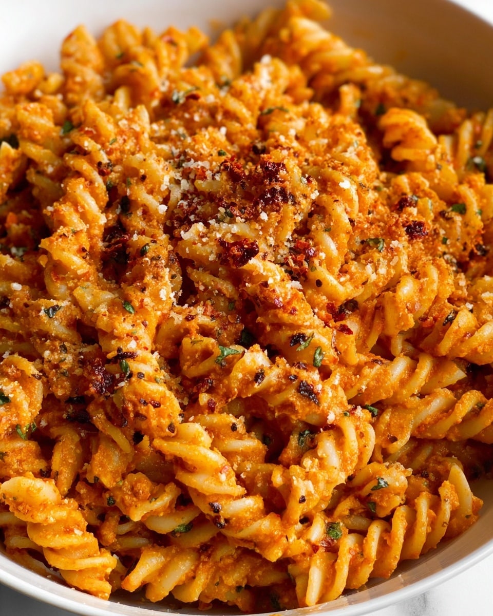 The image shows a close-up of a white bowl filled with rotini pasta coated in a rich, orange-red sauce. The pasta is layered evenly, with visible seasoning of black pepper and red flakes scattered on top. There are small bits of green herbs spread throughout, giving a fresh contrast to the warm, saucy pasta. The texture looks creamy and thick, with some areas showing a light dusting of grated cheese. The bowl is set against a white marbled background. photo taken with an iphone --ar 4:5 --v 7