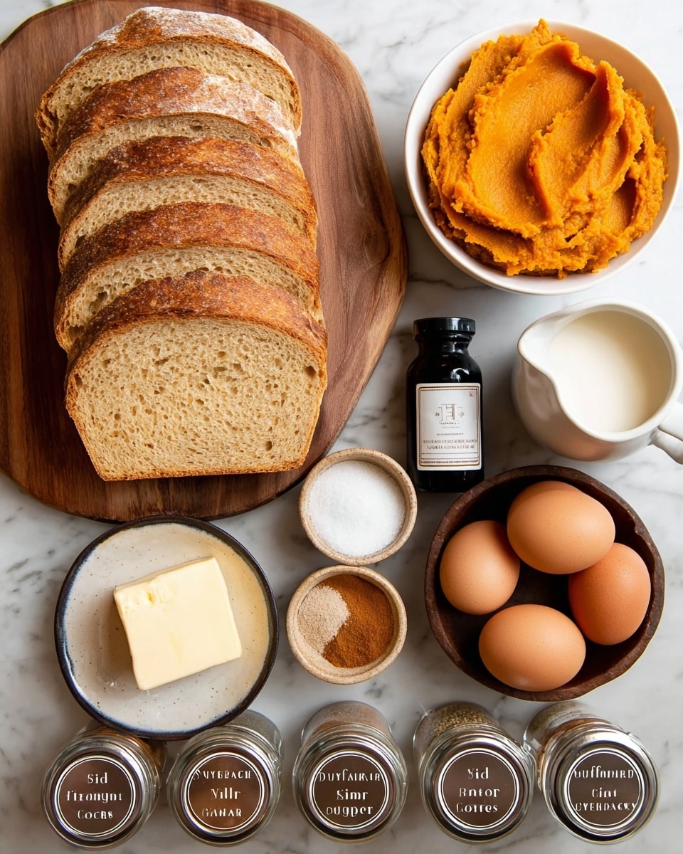 The image shows several slices of hearty bread with a golden crust stacked on a round wooden board on the left side, next to a small white bowl filled with bright orange pumpkin puree. To the right of the pumpkin is a small dark bottle labeled vanilla extract. Below this setup are three brown eggs clustered on the white marbled surface, a small white bowl with light brown sugar, and a dark brown bowl with a square piece of butter. In front at the bottom are four small clear jars with silver lids containing cinnamon, nutmeg, ginger, and cloves, each labeled clearly. Above the wooden board is a small white pitcher filled with half & half cream. The whole scene is placed on a white marbled surface. Photo taken with an iphone --ar 4:5 --v 7