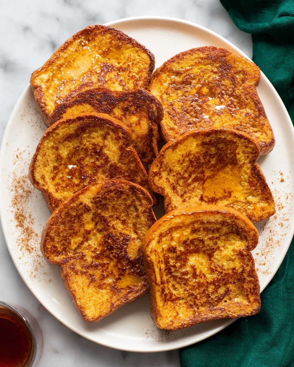 A white plate with seven slices of golden-brown French toast arranged in two rows, each slice showing a crisp, slightly uneven texture with darker caramelized spots and a light sheen of melted butter on top, with a small sprinkle of cinnamon powder on the plate edge; the background is a white marbled surface with a green cloth partially visible in the upper right corner, and a small glass of syrup in the lower left corner, photo taken with an iphone --ar 4:5 --v 7