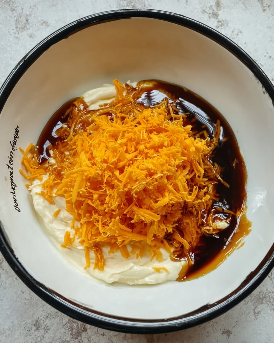 A white bowl with black rim on a white marbled surface contains three main layers. The bottom layer is a creamy white mixture covering the base and sides of the bowl. On top of it sits a pile of bright orange shredded cheese with curly, fine textures evenly spread around the center. Over the cheese, there is a shiny, dark brown syrupy liquid pooled mostly in the middle, creating contrast with the cheese and creamy base. The inside of the bowl has handwritten text around the rim in black ink. photo taken with an iphone --ar 4:5 --v 7