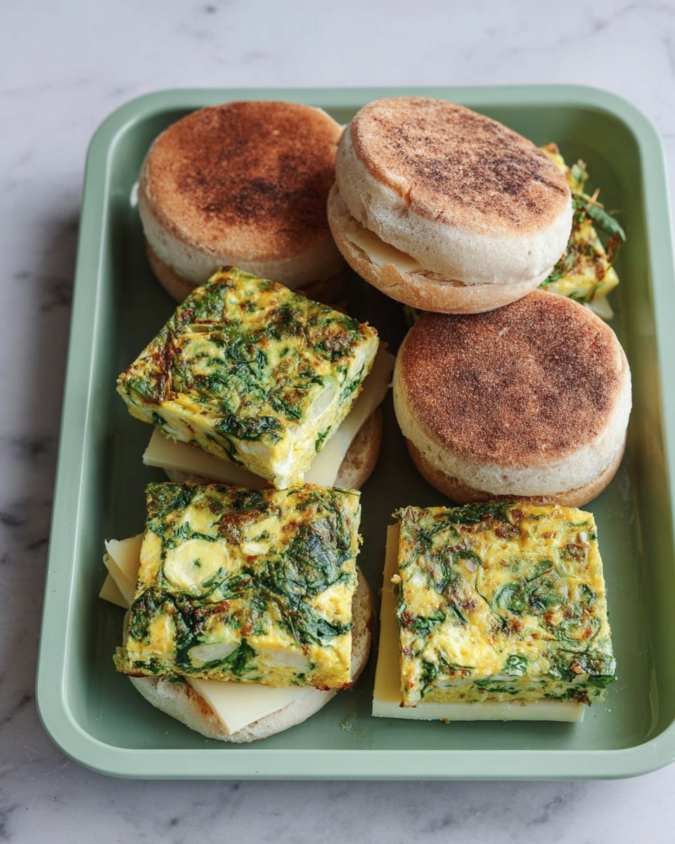 The image shows five small sandwiches arranged on a light green tray, each sandwich having three layers. The bottom layer is a pale white cheese slice with a slight orange edge. The middle layer is a thick, square piece of egg and green herb frittata, textured and speckled with leafy greens, bright yellow and green in color. The top layer is a round, golden brown English muffin with a slightly rough surface. One sandwich is open-faced, revealing the layers clearly. The tray sits on a white marbled surface. Photo taken with an iphone --ar 4:5 --v 7