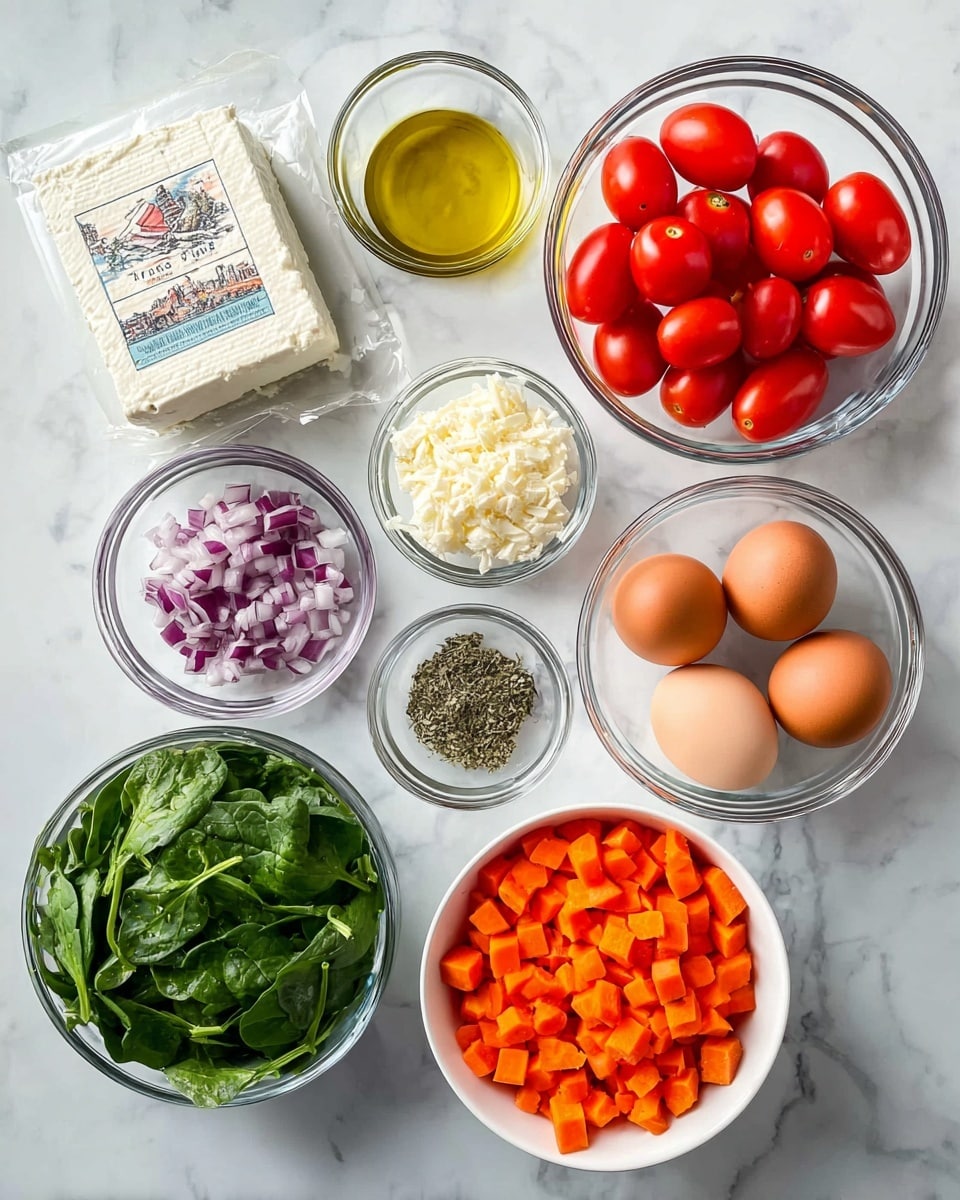 The image shows a top view of various fresh cooking ingredients placed on a white marbled surface. There are nine components arranged neatly: a white bowl filled with bright orange diced carrots at the bottom right, next to it slightly above is a small white bowl of chopped purple onions. To the left of the onions is a clear glass bowl with light green fresh spinach leaves, and to its left, a square block of feta cheese wrapped in plastic. Above the feta, a clear glass bowl filled with vibrant red cherry tomatoes is placed. Near the center right, there is a small clear bowl with light golden olive oil. Four whole brown eggs are grouped in the middle right. Two smaller clear bowls hold finely chopped garlic and a mix of dried herbs and salt, completing the clean and organized look of fresh ingredients. The photo taken with an iphone --ar 4:5 --v 7