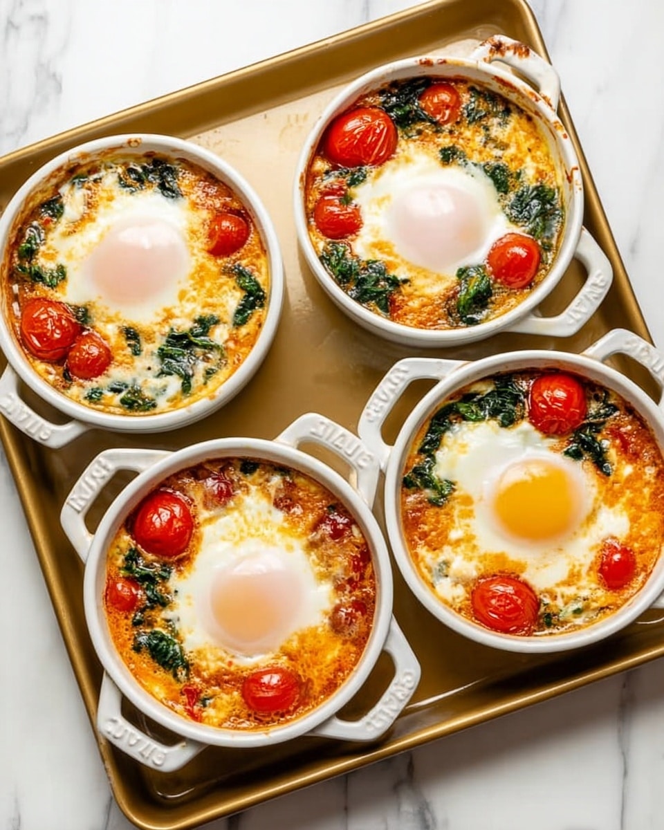 Four white round ceramic dishes with handles are filled with baked eggs on top of a mix of cooked spinach, cherry tomatoes, and a creamy orange sauce with small vegetable pieces. Each dish has one whole cooked egg centered with a soft pale white and light pink yolk. Bright red cherry tomatoes and dark green spinach leaves are spread around each egg, giving the dishes color contrast. The dishes are placed together on a gold baking tray, which rests on a white marbled surface. Photo taken with an iphone --ar 4:5 --v 7