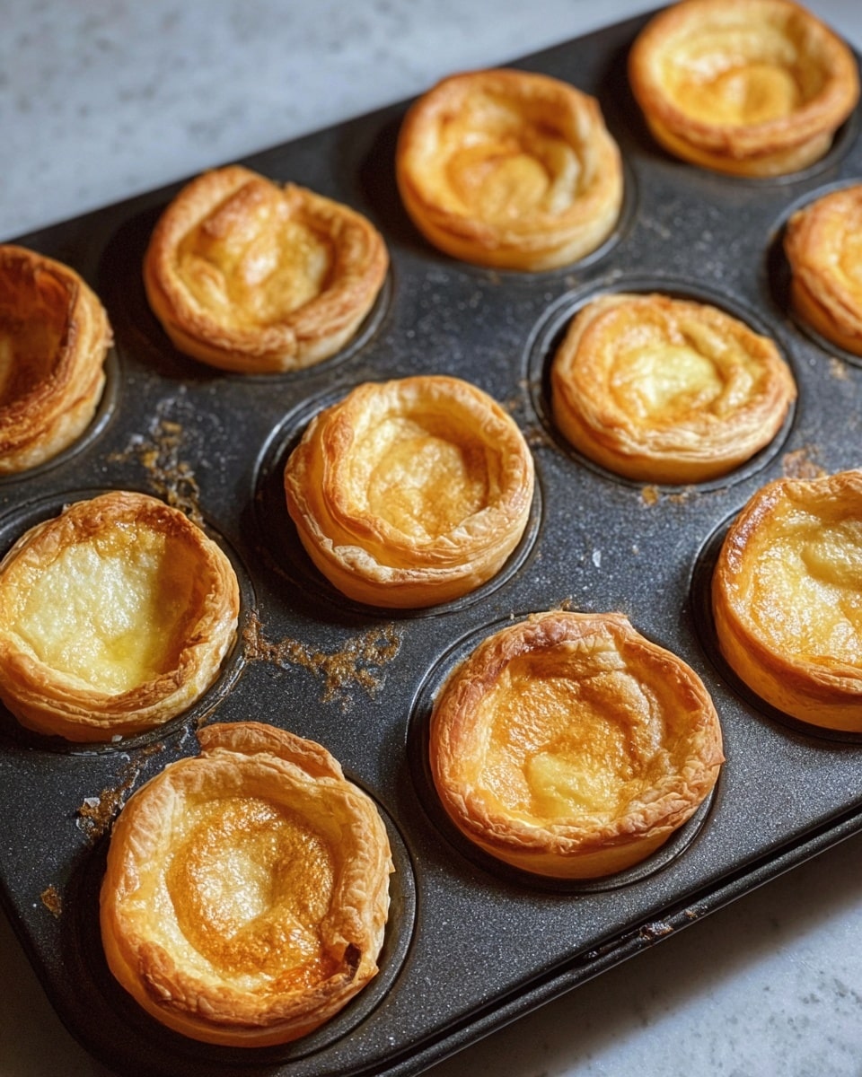 The image shows a close-up of a muffin pan with 12 baked puff pastry cups. Each cup has two visible layers: a golden-brown outer ring with a flaky, crispy texture, and a smoother, slightly lighter golden round patch inside the ring, which looks soft. The cups are arranged evenly in the pan, which shows signs of oil and grease around the edges. The scene is set on a white marbled surface, and the lighting highlights the warm tones of the pastries. photo taken with an iphone --ar 4:5 --v 7