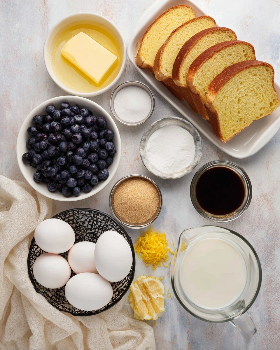 The image shows ingredients arranged on a white marbled surface with a light cloth at the bottom left. There is a white rectangular tray on the top right holding ten slices of yellowish bread with brown crusts. Below that is a white bowl filled with fresh dark blue blueberries. Next to it is a small shiny metal bowl with a dark liquid, and beside that is another small shiny metal bowl containing white granulated sugar. Toward the center is a white bowl filled with light brown sugar and a small shiny metal bowl containing bright yellow lemon zest. To the left is a white bowl with melted yellow butter. Near the bottom left is a black wire basket filled with eight smooth white eggs. At the bottom center, there is a clear glass measuring cup holding white milk. Photo taken with an iphone --ar 4:5 --v 7