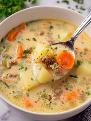 Lightened Up Slow Cooker Cheeseburger Soup Recipe