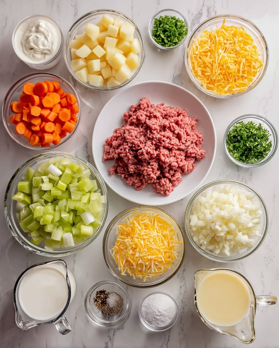 The image shows a top view of multiple white bowls and glass measuring cups on a white marbled surface, each filled with different raw ingredients. In the center, a white plate holds pink and red ground beef. Surrounding it are clear glass bowls with bright orange sliced carrot, light green chopped celery, pale yellow diced potatoes, and shredded yellow cheese. Smaller white dishes contain minced light yellow garlic and finely chopped green parsley. Two small glass bowls have white corn starch, and a mix of white salt and black pepper. There are also two clear measuring cups, one filled with off-white cream and another with light yellow chicken broth. Photo taken with an iphone --ar 4:5 --v 7