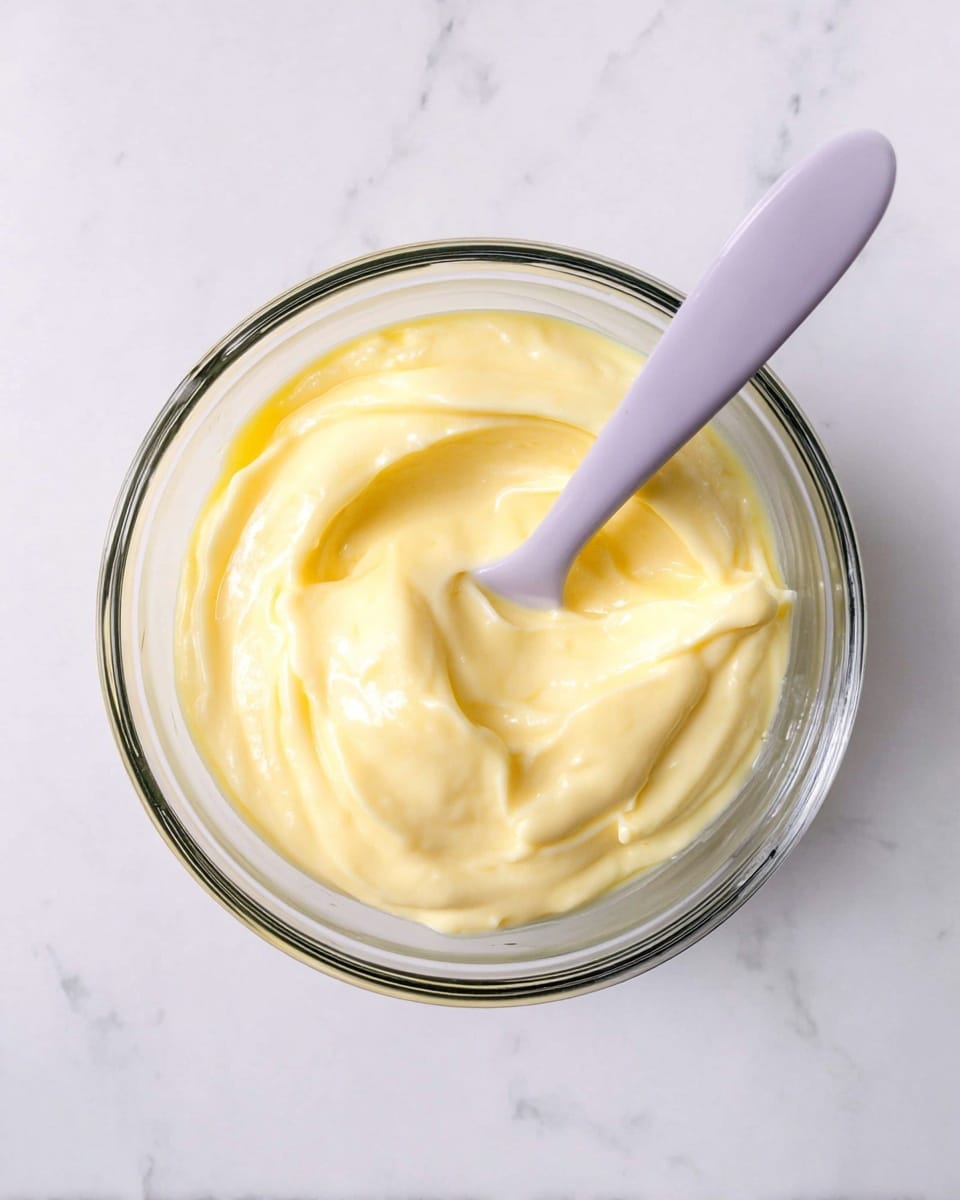 A clear glass bowl filled with a soft, thick, pale yellow cream that has a smooth and slightly swirled texture on the surface; inside the bowl is a lavender-gray spoon partially dipped into the cream. The bowl is placed on a white marbled surface with subtle gray veins running through it. Photo taken with an iphone --ar 4:5 --v 7